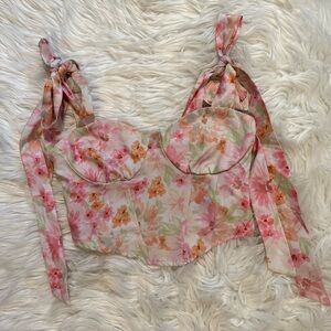 SHEIN Pink Floral Corset Crop Top Women Petite XS Tie Shoulder Smocked